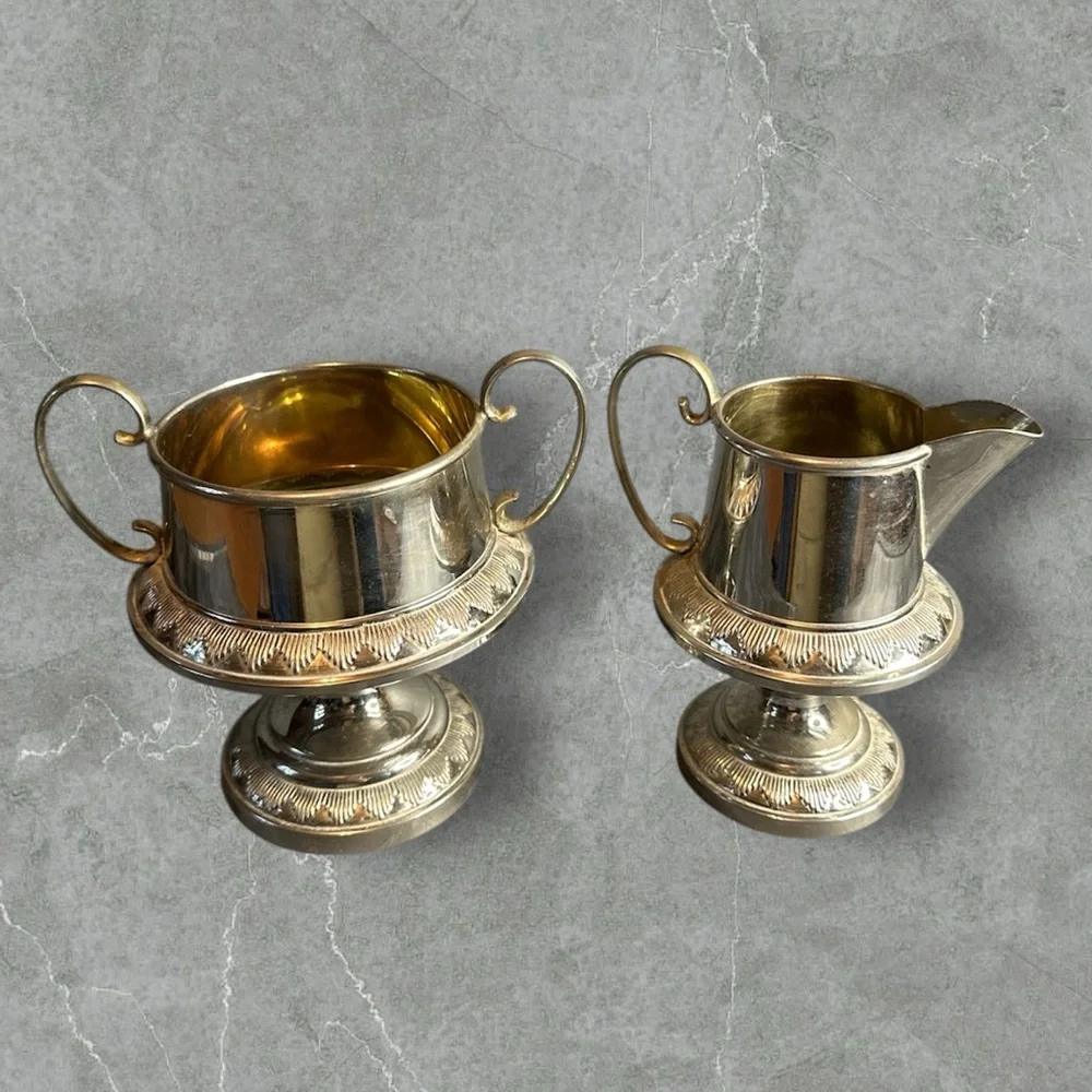 Antique ornate footed sugar and creamer set silver and gold plated Swedish 1940